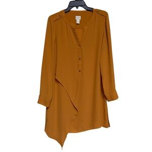 Chicos Mustard Yellow Draped Asymmetrical Tunic Blouse Roll Tab Sleeve Size 0 S